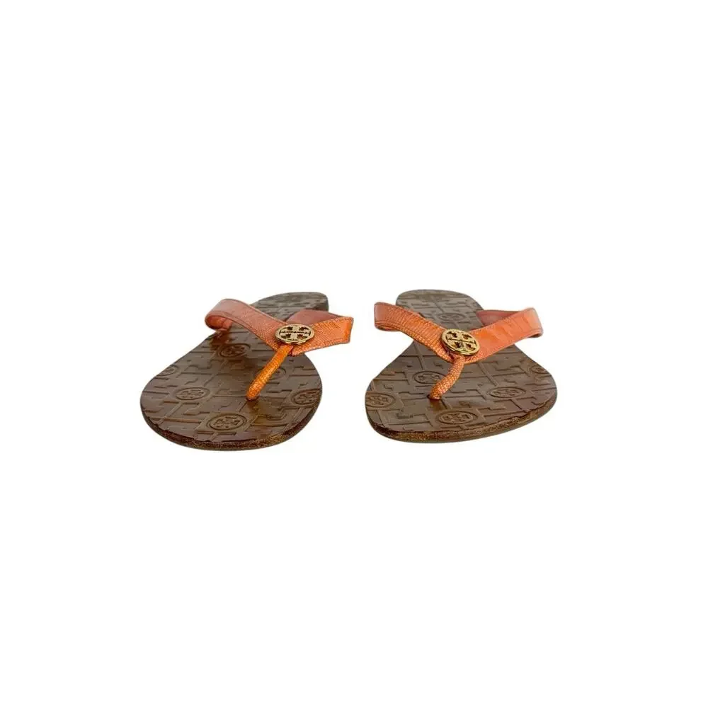 Tory Burch Thora Logo Orange Leather Thong Flip-Flop Flat Sandal Women's Size 9